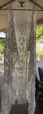 Womens Boho Open Knit Crochet Festival Duster Cardigan Size L Ivory Sheer Dainty